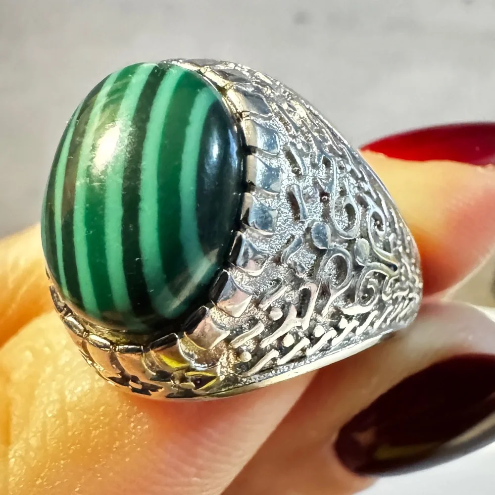 Vintage Style Faux Malachite Silver Tone Statement Ring Sz 7 Green Striped Oval